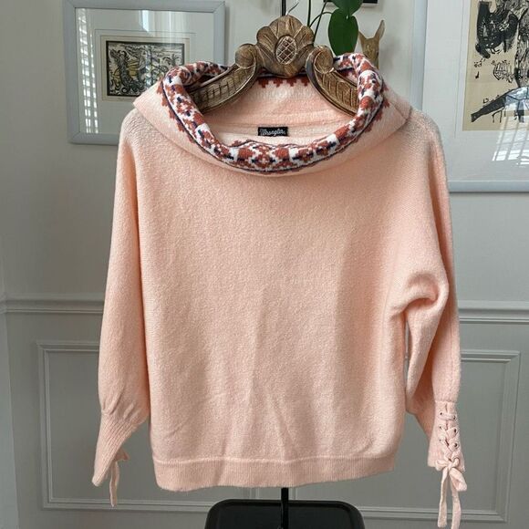 Wrangler Retro Cowl Neck Sweater Blanket Print Trim Peach Pink S - Picture 1 of 6